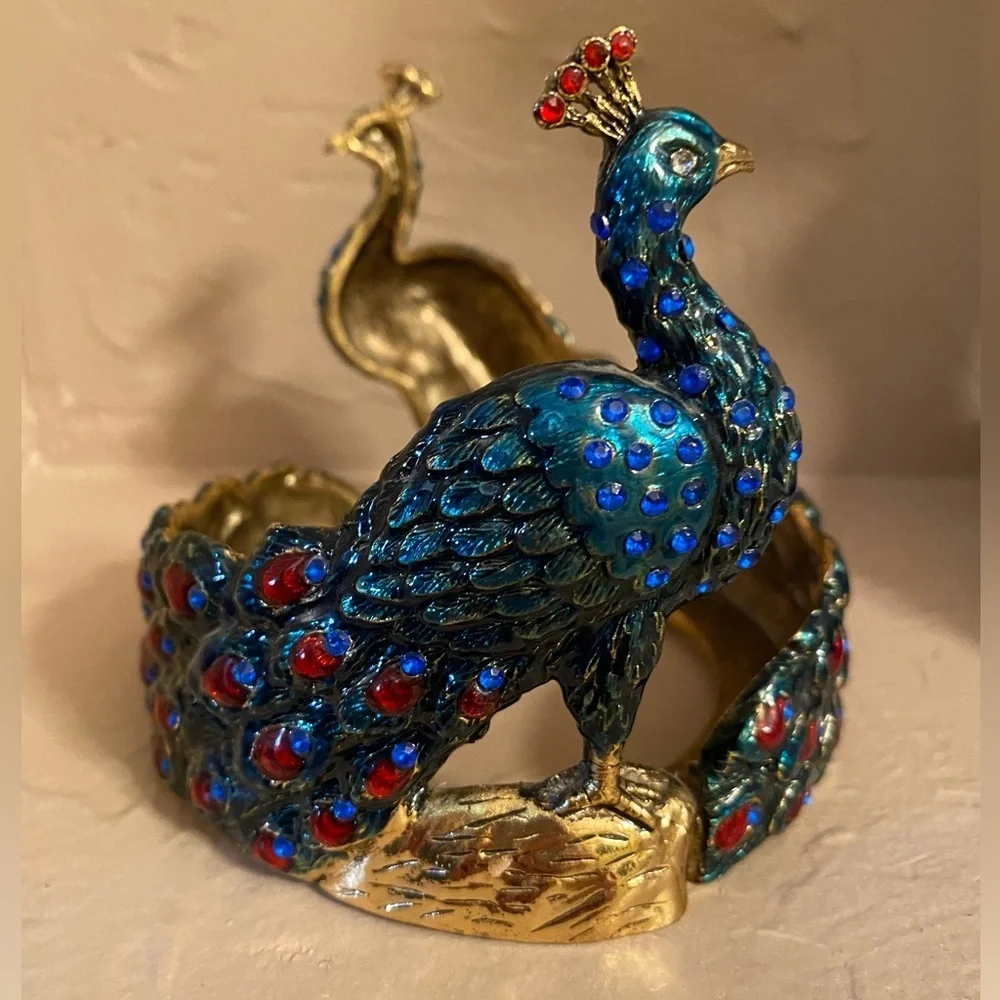 Vintage Solid Brass Enamel Painted Jeweled Double Peacock Candle Holder …
